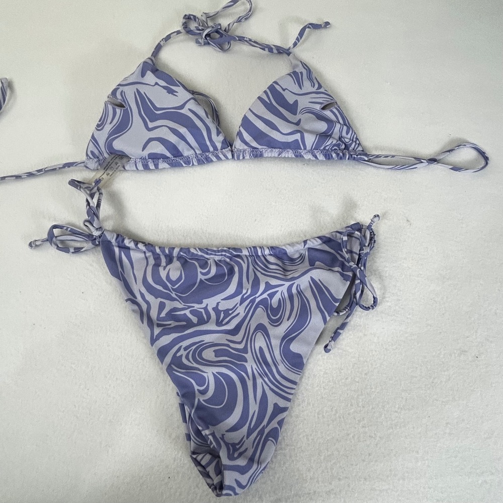 Purple Swirl Zebra Print Triangle String Bikini Swimsuit Set Women's Size L - Picture 6 of 7